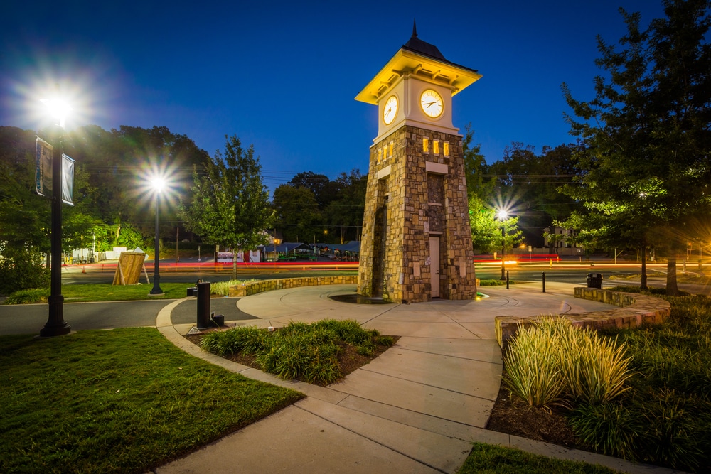 Clock,Tower,At,Night,,Along,The,Little,Sugar,Creek,Greenway,